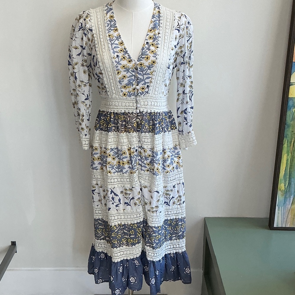 Anthropologie Floral Long Sleeve Dress - Blue and White - 6 (1915)